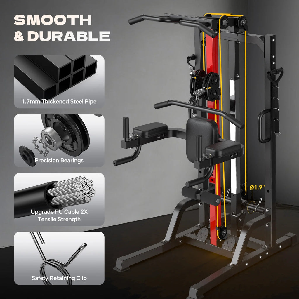 Home Gym Machine - High/Low Pulley System for Lat Pulldown, Row & Back Workout, with Leg Support | All-In-One Strength Training Equipment for Home Gym